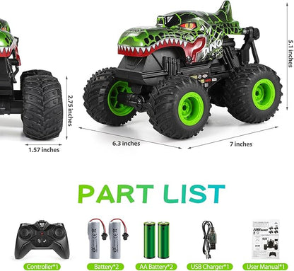 DYODYORC Remote Control Car 2.4Ghz All Terrain Dinosaur Monster Truck Toys RC Truck with Music 3 Lighting Effects 360 Stunt Capable 2 Batteries Ready to Run Toy Gifts for Boys and Girls (Green)