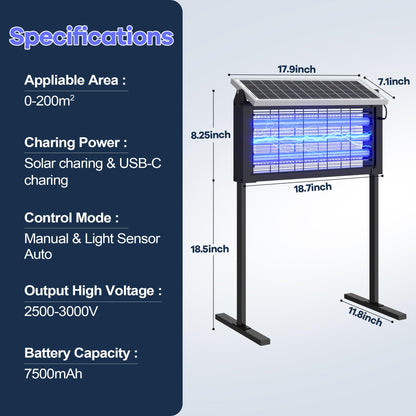 Large Solar Bug Zapper Outdoor, Powerful Mosquito Zapper with 20W Solar Panel, Rechargeable Mosquito Killer, Waterproof Flying Insect Trap for Patio, Yard, Garden, Home, Camping