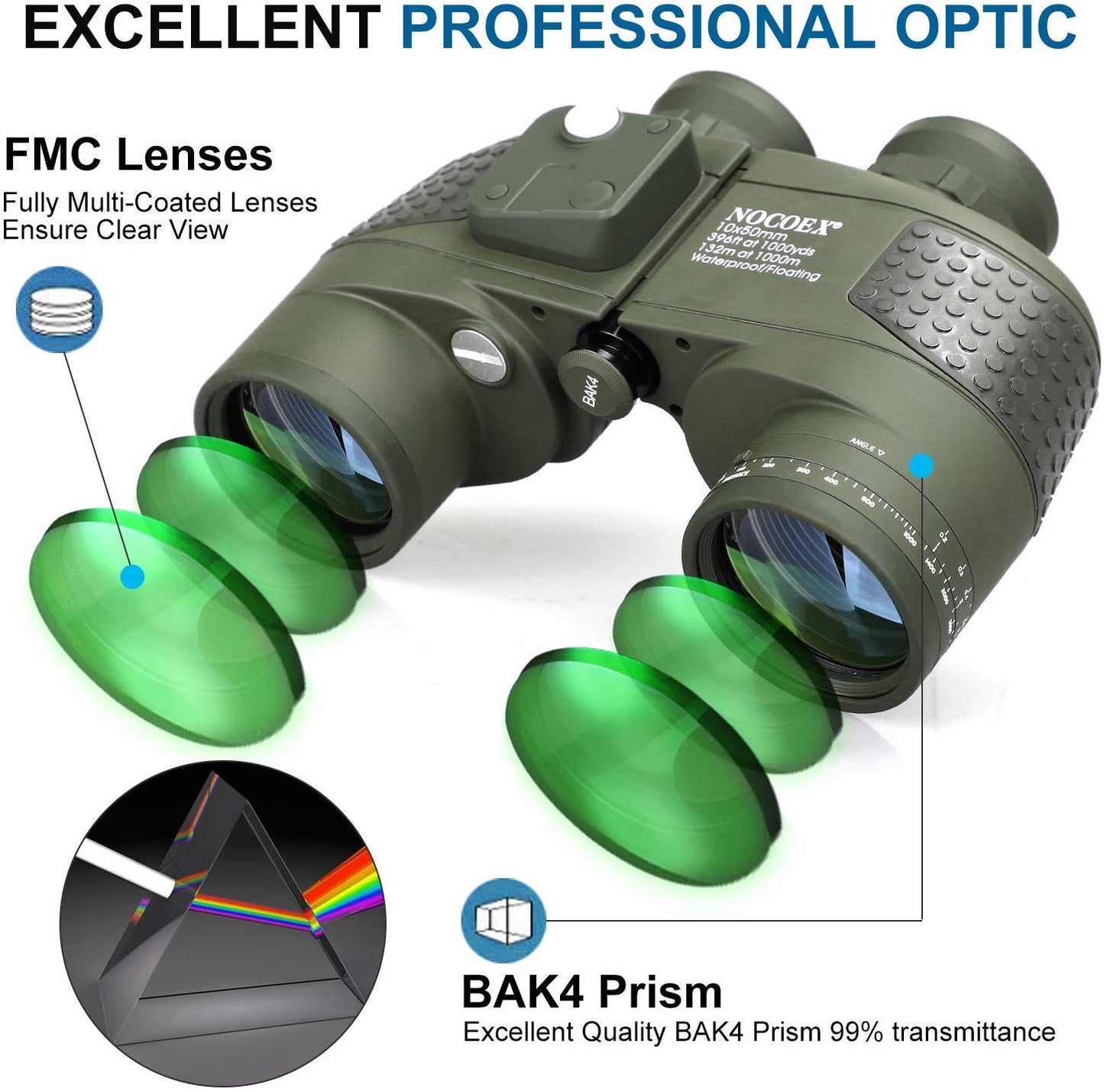 NOCOEX 10x50 Marine Binoculars for Adults, Military Binoculars Waterproof with Rangefinder Compass BAK4 Prism FMC Lens Fogproof for Navigation Boating Fishing Water Sports Hunting