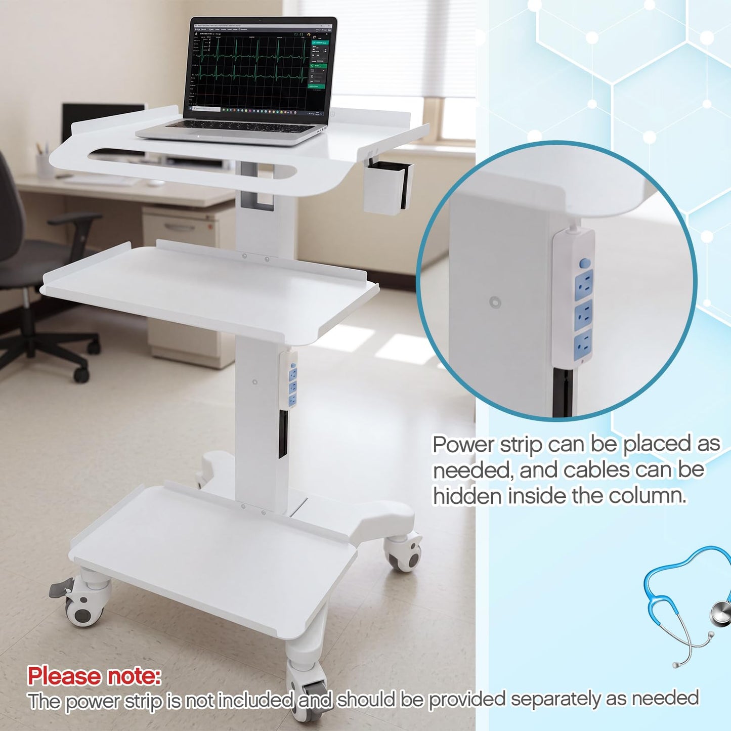 DaisyInner Adjustable Mobile Medical Cart with Wheels, Laptop Rolling Cart with Storage Basket Large Tabletop Medical Trolley Workstation for Hospital, Lab Use (3 Tier)