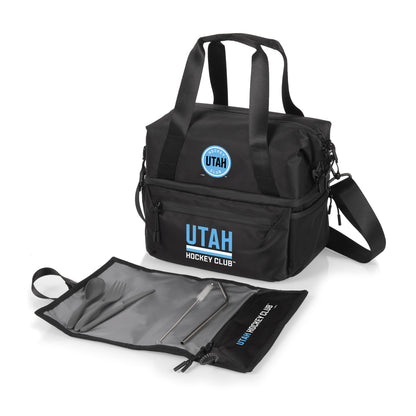 PICNIC TIME NHL Utah Hockey Club Tarana Lunch Bag Cooler with Utensils Made from Recycled Material, Lunch Box with Picnic Set, Upcycled Lunch Cooler Bag, (Carbon Black)