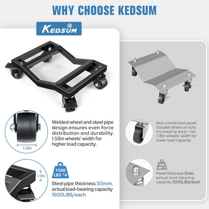 KEDSUM Car Dolly Set of 4, 6000 LBS Wheel Dolly, Heavy Duty Vehicle Dollies, Double V-Shaped Design & Nylon Casters with Brakes Used for Moving Cars, Trailers, SUV, Motorcycles and Boats