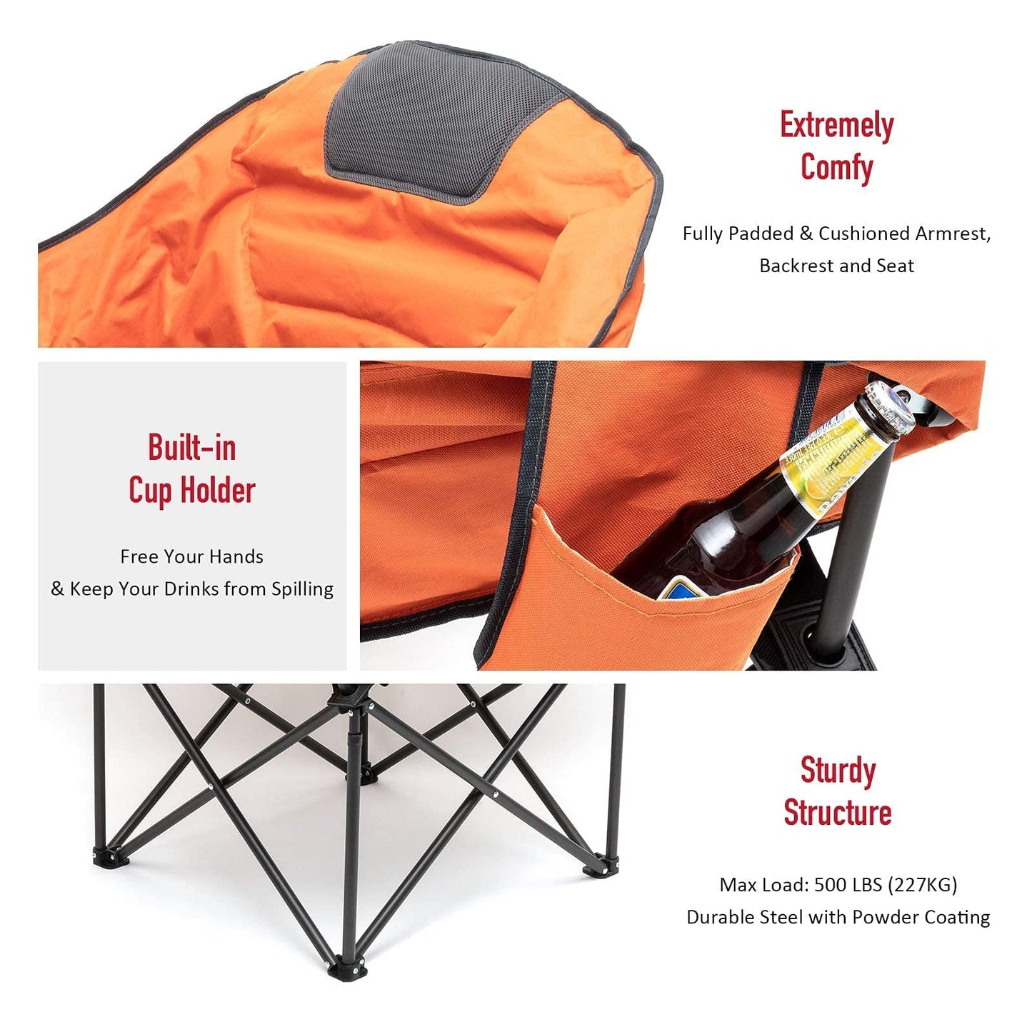 SUNNYFEEL Oversized Camping Chair Heavy Duty 500 LBS Portable Folding Chairs Orange Large Sofa Chair for Beach, Trip, Picnic, Lawn, Outdoor Camp Chair for Adults & Carry Bag