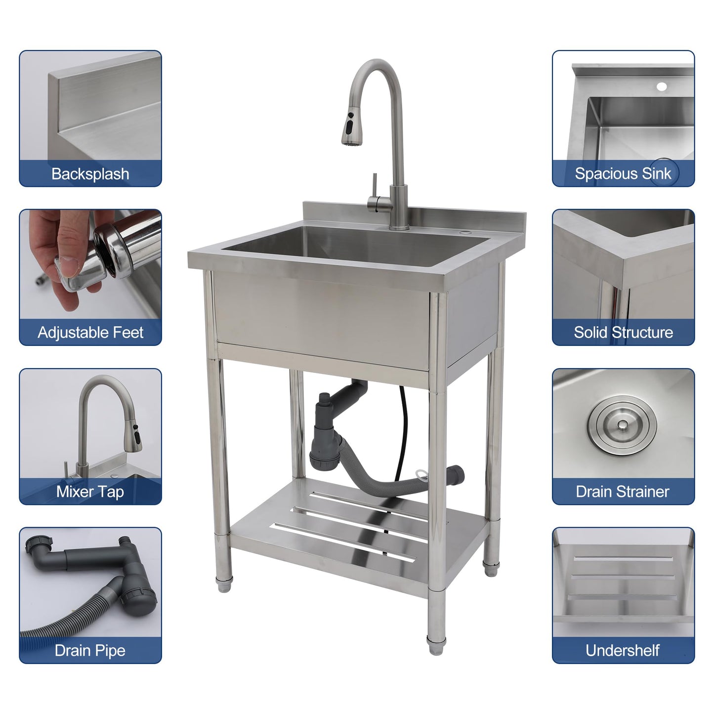 Sarlai Stainless Steel Utility Sink Freestanding Commercial Restaurant Kitchen Sink Outdoor Sinks Single Bowl Laundry Utility Kitchen Sinks With Faucet for Garage Outdoor Indoor Basin