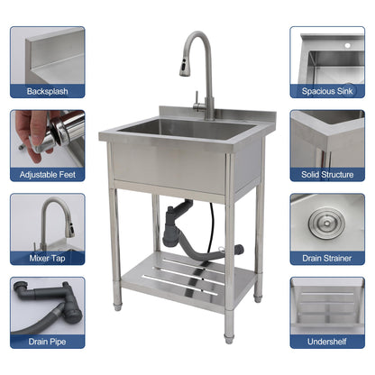 Sarlai Stainless Steel Utility Sink Freestanding Commercial Restaurant Kitchen Sink Outdoor Sinks Single Bowl Laundry Utility Kitchen Sinks With Faucet for Garage Outdoor Indoor Basin