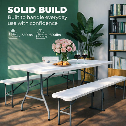 EconoHome 6 Ft White Plastic Folding Table Set with 2 Benches – Heavy-Duty Picnic Table & Bench Set, Space-Saving, Indoor/Outdoor, Seats 6-8, Easy Storage & Transport