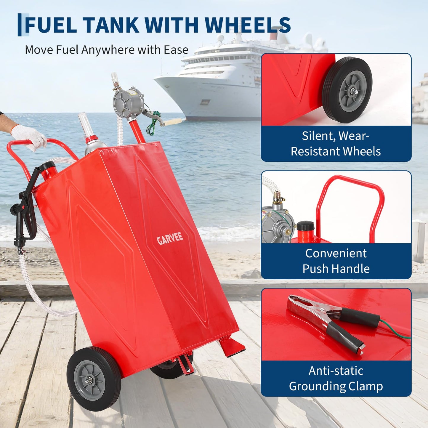 35 Gallon Fuel Gas Caddy Storage Tank, Portable Gas Caddy w/ Wheels, Reversible Manual Hand Pump & Fuel Hose, Anti-Static Grounding Clamp, Vent/Level Gauge, Wide Fill Neck, Gasoline/Diesel Transfer for ATV, Car, Mower, Tractor, Boat