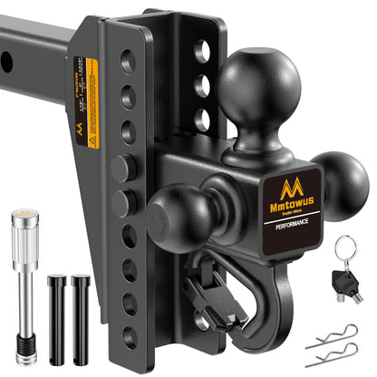 Mmtowus Adjustable Trailer Hitch - Drop Hitch 2-Inch Receiver - Tri Ball Mount with Hook (1-7/8'', 2'' & 2-5/16''), 8'' Drop/Rise Tow Hitch, 12,500 LBS GTW, 3 Ball Hitches for Trucks, RV, Camper etc