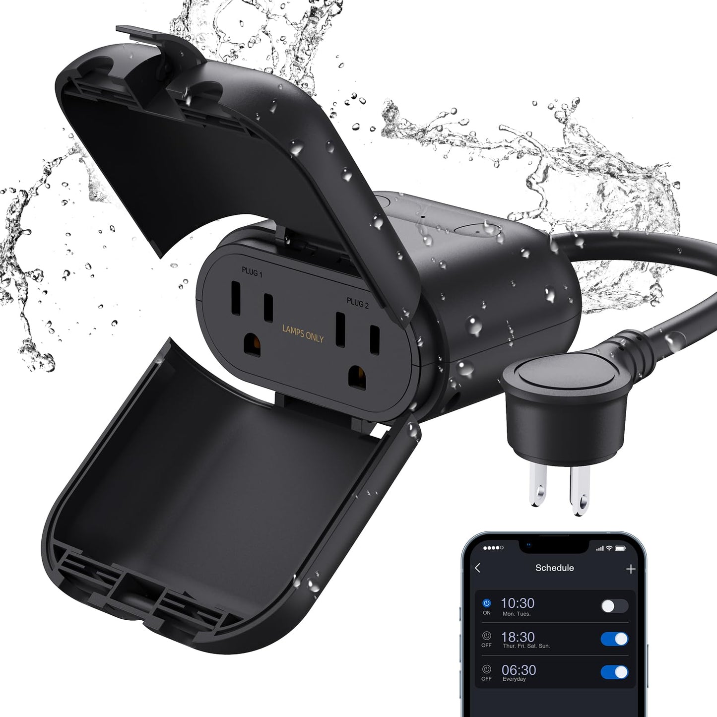 ELEGRP PQR20 Outdoor Smart Plug Waterproof IP66, WiFi Plug with 2 Individually Sockets, Compatible with Alexa & Google Assistant, Smart Outdoor Outlet for String Lights, UL Certified, 2 Pack, Black