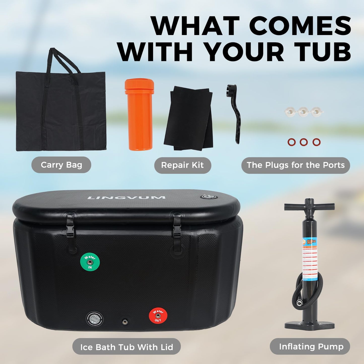 LINGVUM XXL Inflatable Ice Bath Tub for Athletes, 195 Gallon Cold Plunge Tub with Lid, Water Chiller Compatible, Portable Oval Freestanding Bathtub for Cold Water Therapy Recovery Indoor Outdoor Black