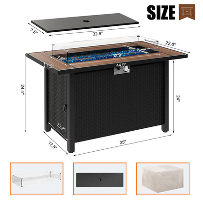 45 inch Propane Fire Pit Table, 50,000 BTU Outdoor Gas Fire Pit Table with Lid, Glass Wind Guard, Waterproof Cover, Rectangle Gas Firepit Table for Garden/Patio(Walunt)