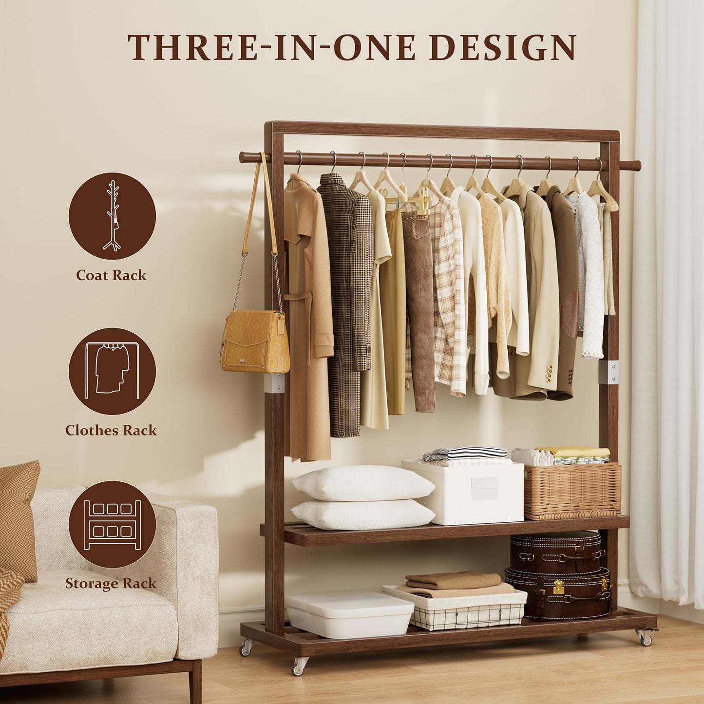 Wamhom Solid Wood Clothes Rack with Wheels | 3-in-1 Freestanding Garment Rack & Coat Tree, Extra-Long Rod, Two Shelves, 220 lb Load | Organizer for Bedroom & Entryway