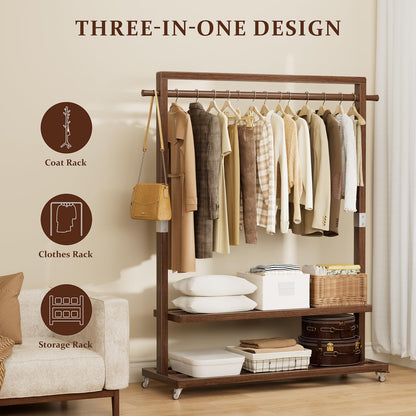 Wamhom Solid Wood Clothes Rack with Wheels | 3-in-1 Freestanding Garment Rack & Coat Tree, Extra-Long Rod, Two Shelves, 220 lb Load | Organizer for Bedroom & Entryway