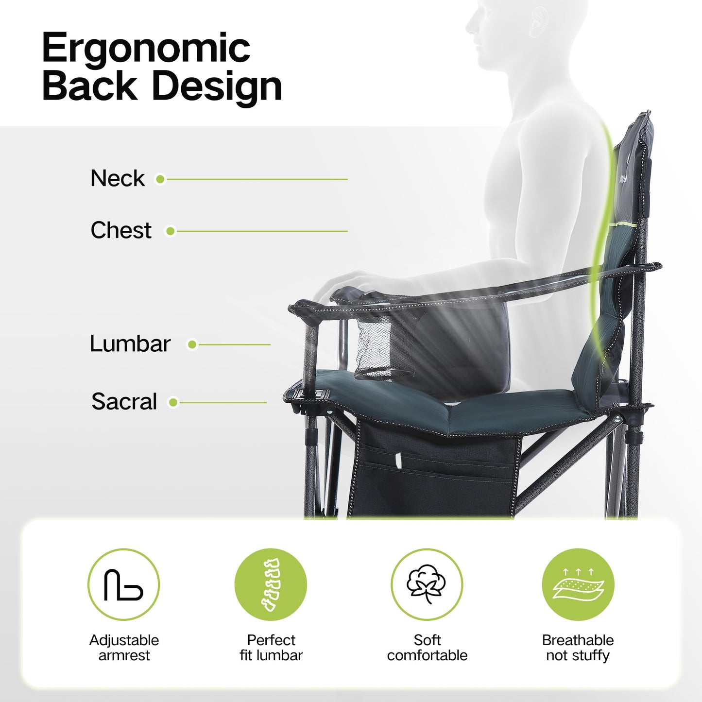 2 Pack Oversized Folding Camping Chairs High Back Heavy Duty Padded Lawn Chair for Adults Support up to 450lbs with Cup Holder, Side Pocket Cooler Bag, Green