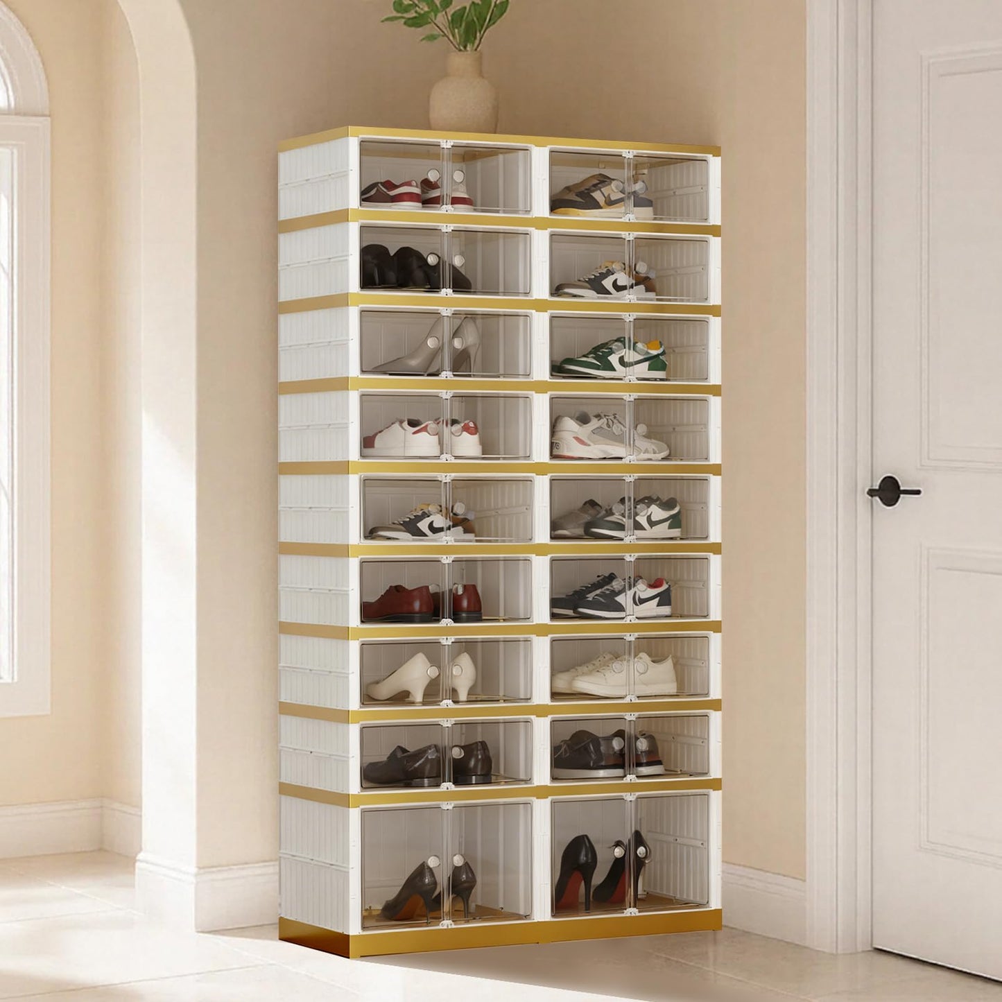 SYNCVIBE Shoe Rack Organizer for Closet Entryway Foldable Sneaker Storage Shoe, Collapsible Shoe Cabinet, Stackable Shoe Storage Cabinet with Lids for Living Room (9 Tiers -36 Pairs White Gold)