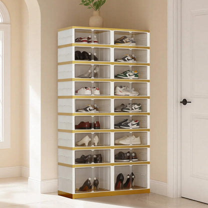 SYNCVIBE Shoe Rack Organizer for Closet Entryway Foldable Sneaker Storage Shoe, Collapsible Shoe Cabinet, Stackable Shoe Storage Cabinet with Lids for Living Room (9 Tiers -36 Pairs White Gold)