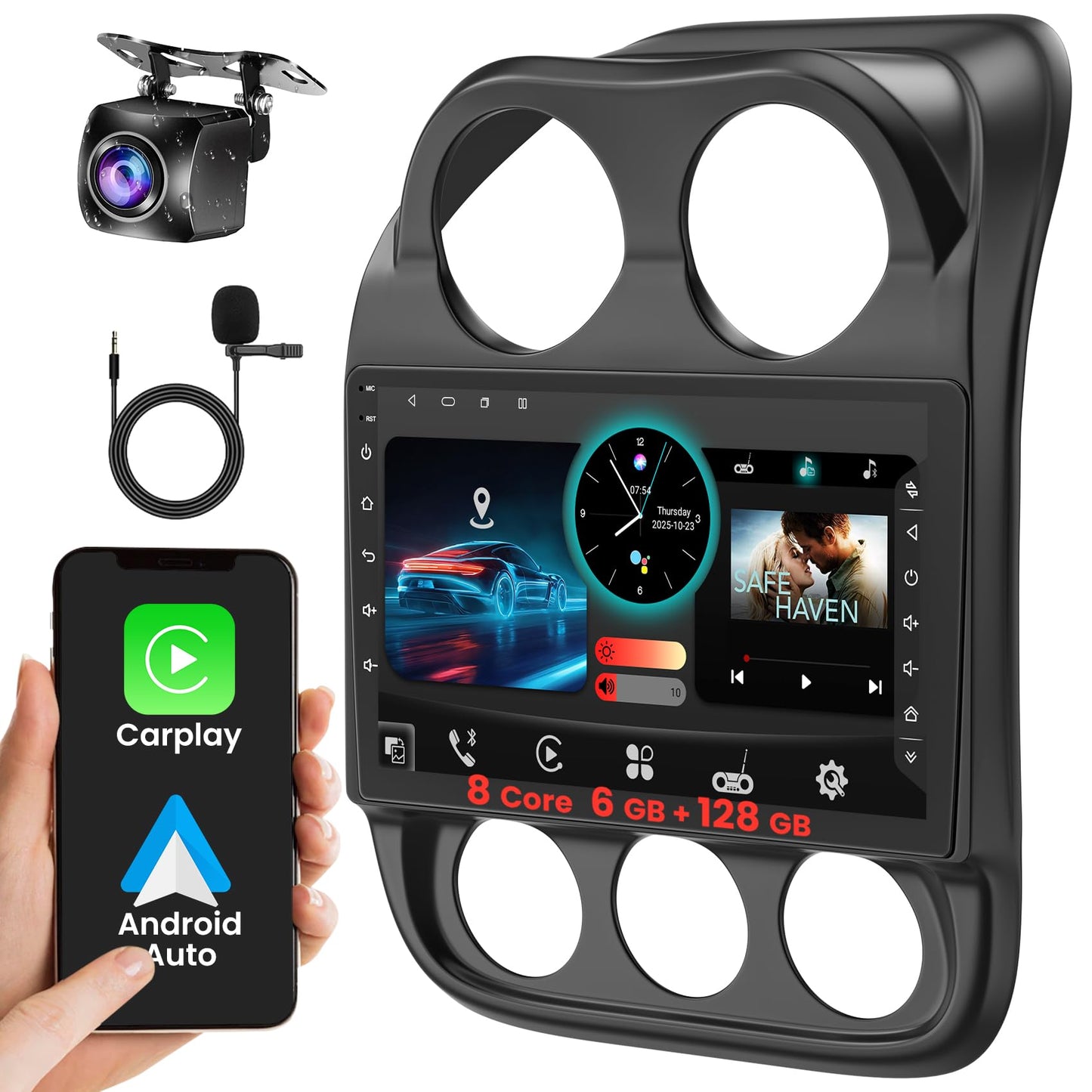 8 Core 6GB+128GB Car Radio for for Jeep Patriot Compass 2010-2016,10.2 Inch QLED Touch Screen Car Stereo with Carplay&Android Auto,WiFi,GPS Navigation,Bluetooth,FM&AM Radio,Android 15
