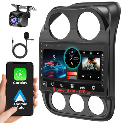 8 Core 6GB+128GB Car Radio for for Jeep Patriot Compass 2010-2016,10.2 Inch QLED Touch Screen Car Stereo with Carplay&Android Auto,WiFi,GPS Navigation,Bluetooth,FM&AM Radio,Android 15