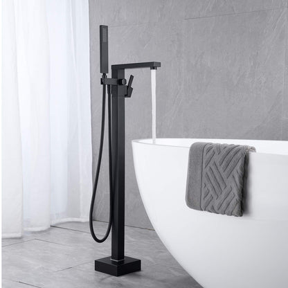 Wowkk Freestanding Bathtub Faucet Tub Filler Black Floor Mount Bathroom Faucets Brass Single Handle with Hand Shower