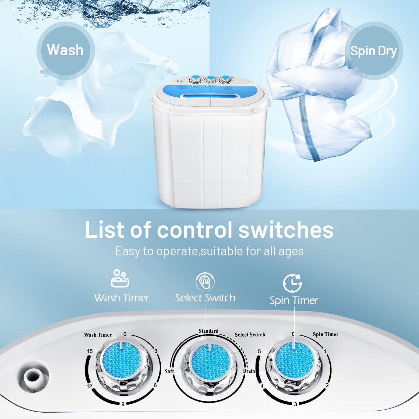 Tiktun Portable Washing Machine,Mini Twin Tub Washing Machine w/Wash and Spin Cycle,13lbs Capacity For Camping,Apartments,Dorms,RV