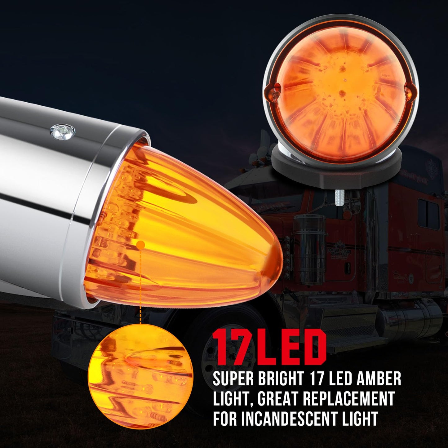 cciyu 11x Truck Cab Marker Light 17 LED Torpedo Cab Marker Lights Chrome Heavy Duty Trucks Replacement for International Kenworth/Peterbilt/Freightliner/Mack Amber Top Roof Running Light