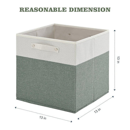FinishingBo 13 x 13 Inch Fine Linen Storage Bins with Handles，Fabric Cube Boxs，Basket Organizers for Shelves for Home, Closet Drawers (White/Green-4 Pack )