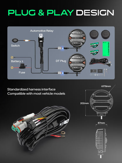 YHTAUTO 7 Inch LED Light Bars w/Wiring Harness & Light Cover, 90W, 8100LM, 5700K, Spot10° Beam Off Road Camper Driving Work Light for Truck SUV ATV UTV Golf Cart Tractor Van Boat IP67 Waterproof Lamp