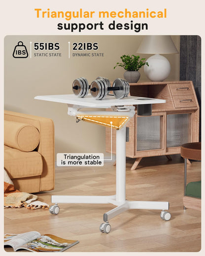 JOY worker Mobile Standing Desk, 28 inch Small Height Adjustable Rolling Laptop Desk, Portable Sit Stand Desk with Lockable Wheels, Ergonomic Desktop Table for Home Office, White