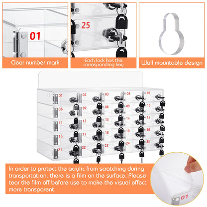 Threan 25 Slot Cell Phone Storage Box, Clear Cell Phone Storage Cabinet Wall Mounted, Including Door Locks and Keys for Office School Factory Classroom Students Staff