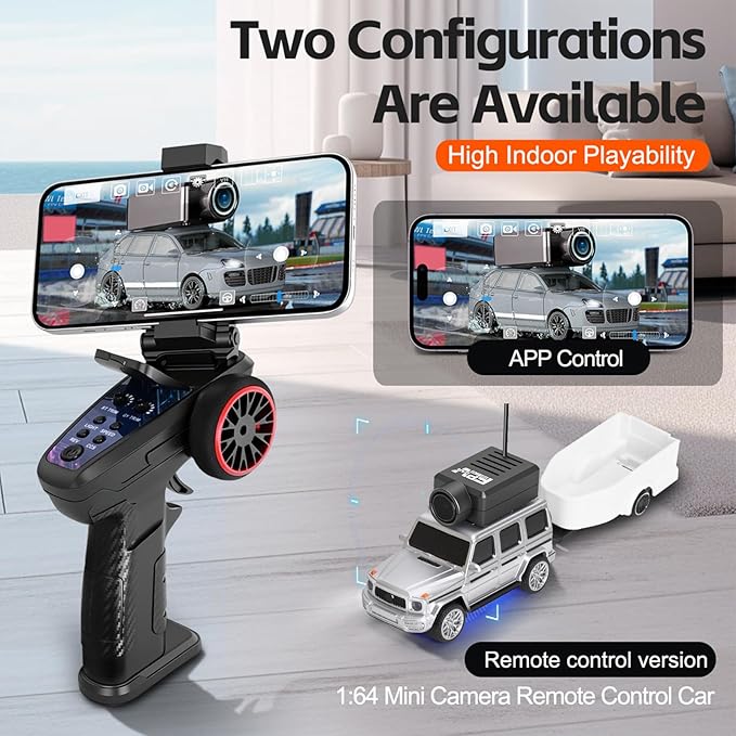 GoolRC WLtoys 6406-C Mini RC Car 2.4GHz 1:64 Scale FPV Remote Control Car with Camera 720P APP Control Rear Drive Vehicle with 2 Trailers and LED Lights for Adults (Silver)