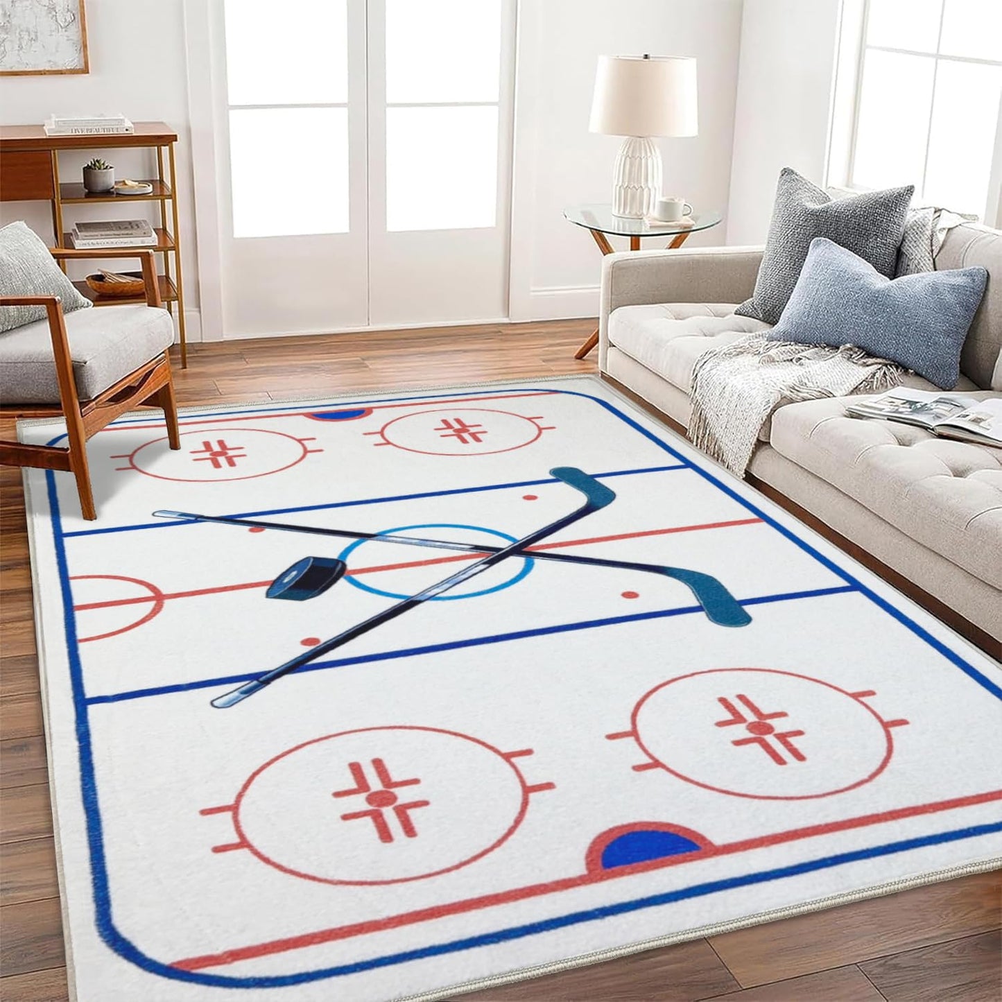 Hockey Rug 9x12 Washable Low Pile Non Slip Sports Rug for Boys Bedroom Decor, Hockey Room Area Rug Man Cave Carpet Mat