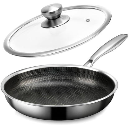 CADIVIZZO Stainless Steel Frying Pan with Lid - 9.5 Inch Nonstick Frying Pan with Lid, Honeycomb Stainless Steel Skillet Omelet Chef's Pan with Stay Cool Handle, Induction Compatible, PFOA Free