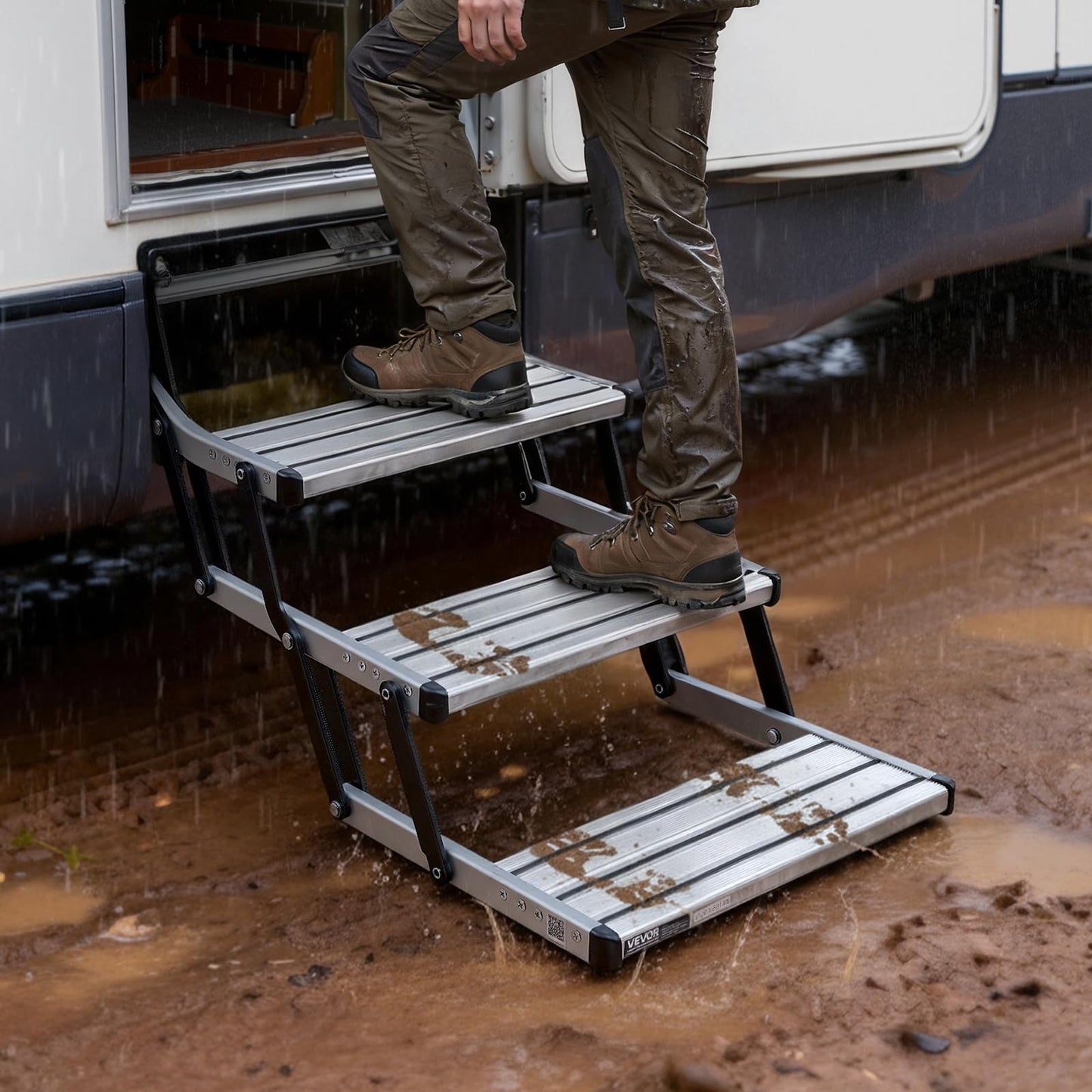 VEVOR RV Steps, 3-Step, 440 lbs Load Capacity, Manual Retractable RV Stairs, Telescopic Folding Aluminum Alloy Camper Steps, Steel Frame Non-Slip Entry Stairs for Camper Van Motorhome Travel Trailer