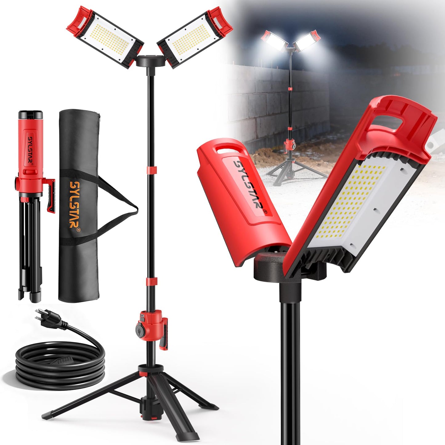 SYLSTAR Hybrid Powered LED Work Light with Tripod, 12000 Lumens Corded & Rechargeable Battery Work Light, 7.4ft Aluminum Telescopic Stand, 3 Brightness Levels, IP65, Dual Head, Portable Job Site Light