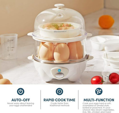 Elite Gourmet 2-Tiered Egg Cooker - Poach 5 Eggs & Make Omelets | Auto Shut-Off, BPA Free, White