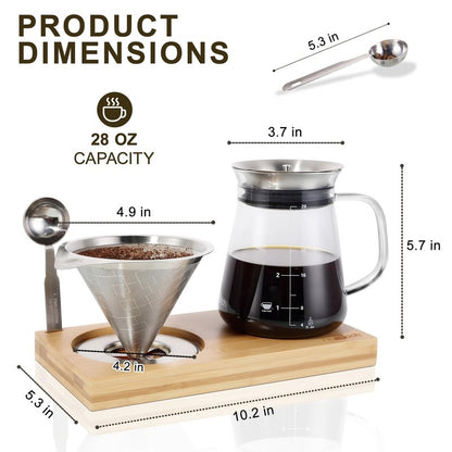 Aquach Pour Over Coffee Maker Set with Extra Large Coffee Dripper, 28 oz Glass Carafe, Stainlesss Steel Coffee Scoop and Bamboo Storage Tray, Unique Set for Home or Office
