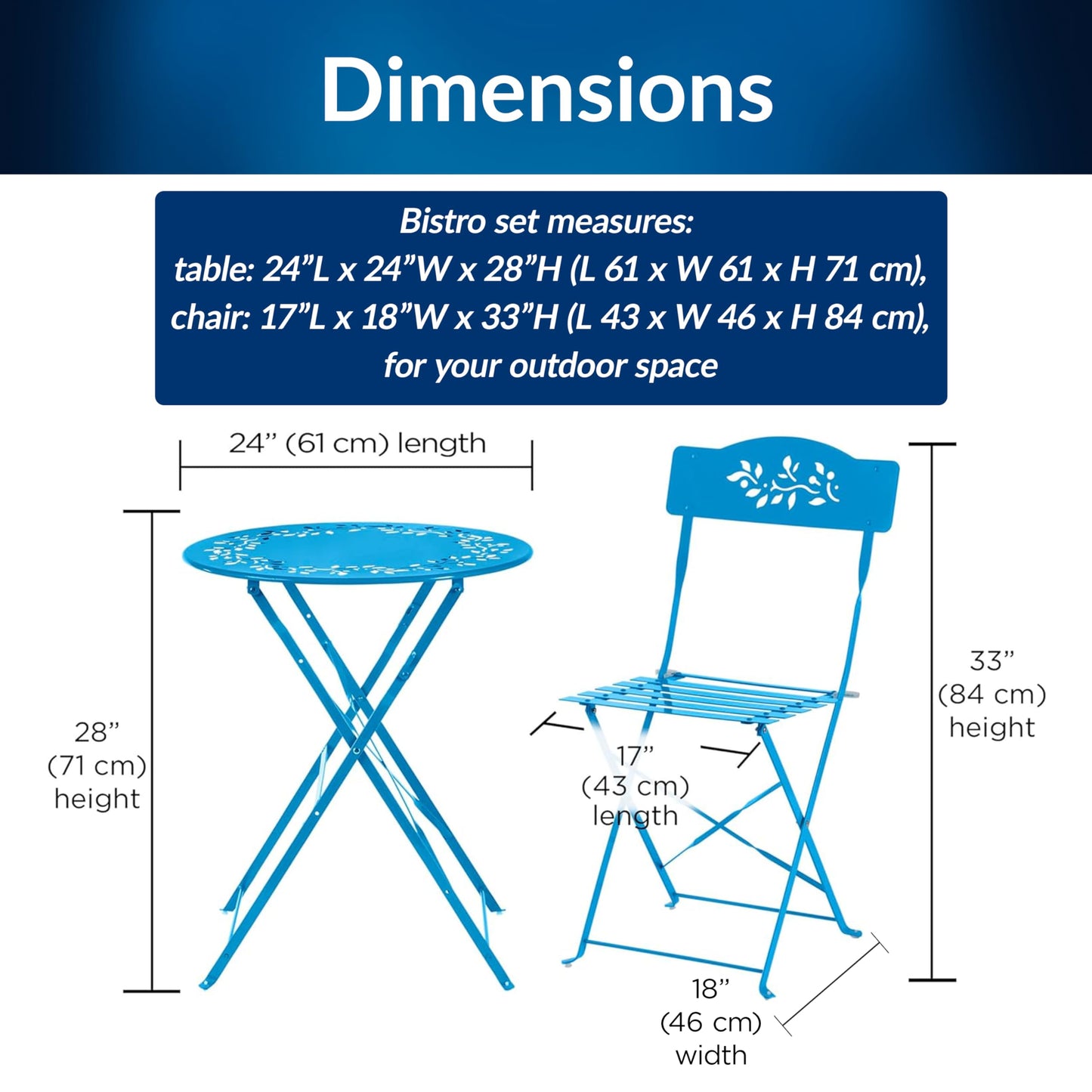 Alpine Corporation 3-Piece Bistro Set with Folding Table and 2 Chairs, Durable Steel Indoor/Outdoor Patio Furniture, Compact Seating, Blue