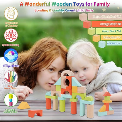 FCSONU Wooden Building Blocks for Toddlers 1-3 100 Pcs Wood Blocks Set - Sorting &amp Stacking Toys with Storage and Lid Kid Montessori Toys Ages 2+ Christmas 1st Birthday Gifts for Boys Girls Bab