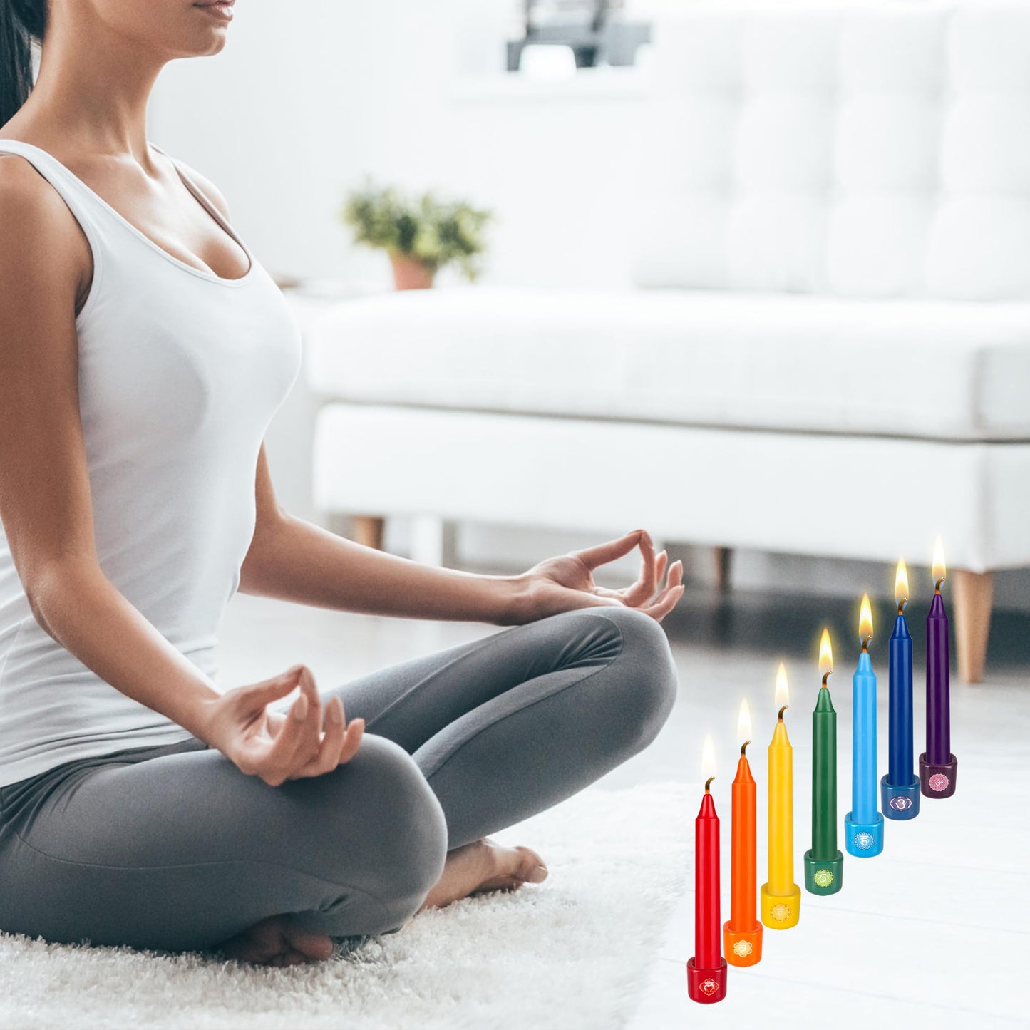 Mega Candles 7 pcs Unscented Straight Taper Chakra Candles, Hand Poured Premium Wax Candle 5 Inch x 3/4 Inch, 100% Cotton Wick, Positive Healing Energy, Meditation, Relaxation, Reiki, Yoga