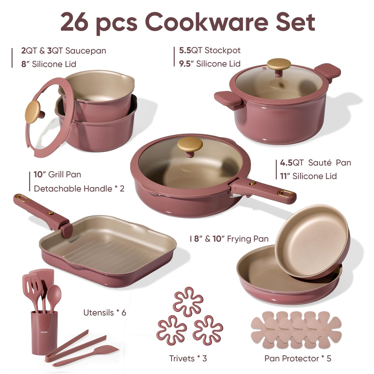 CAROTE 26 Pcs Pots and Pans Set, Nonstick Cookware Sets with Detachable Handle, Titanium Reinforced, Oven Safe, Cookware Non Stick Cooking Set w/Frying Pans & Saucepans Red(PFOS, PFOA Free)