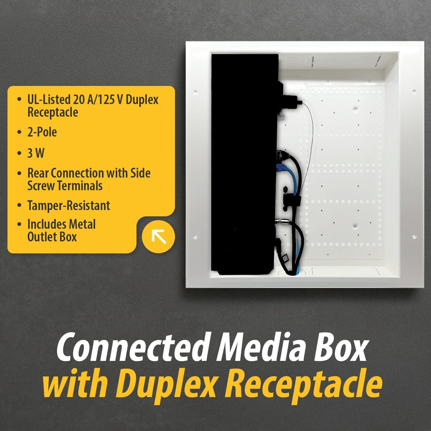 DATA COMM Electronics 45-8031-1C Recessed Media Box Outlet - Integrated Duplex 20A Commercial Receptacle, TV Wall-Mount, Streamlined Cable & Cord Management, Home & Office