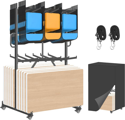 Folding Chair Rack, Heavy Duty Folding Chair Cart with Swivel Wheels,Table Cart for 84 Chair or 12 Tables,1000LBS Capacity, Multi-Function Chair Storage Dolly with Outdoor Cover and 2 Binding Ropes