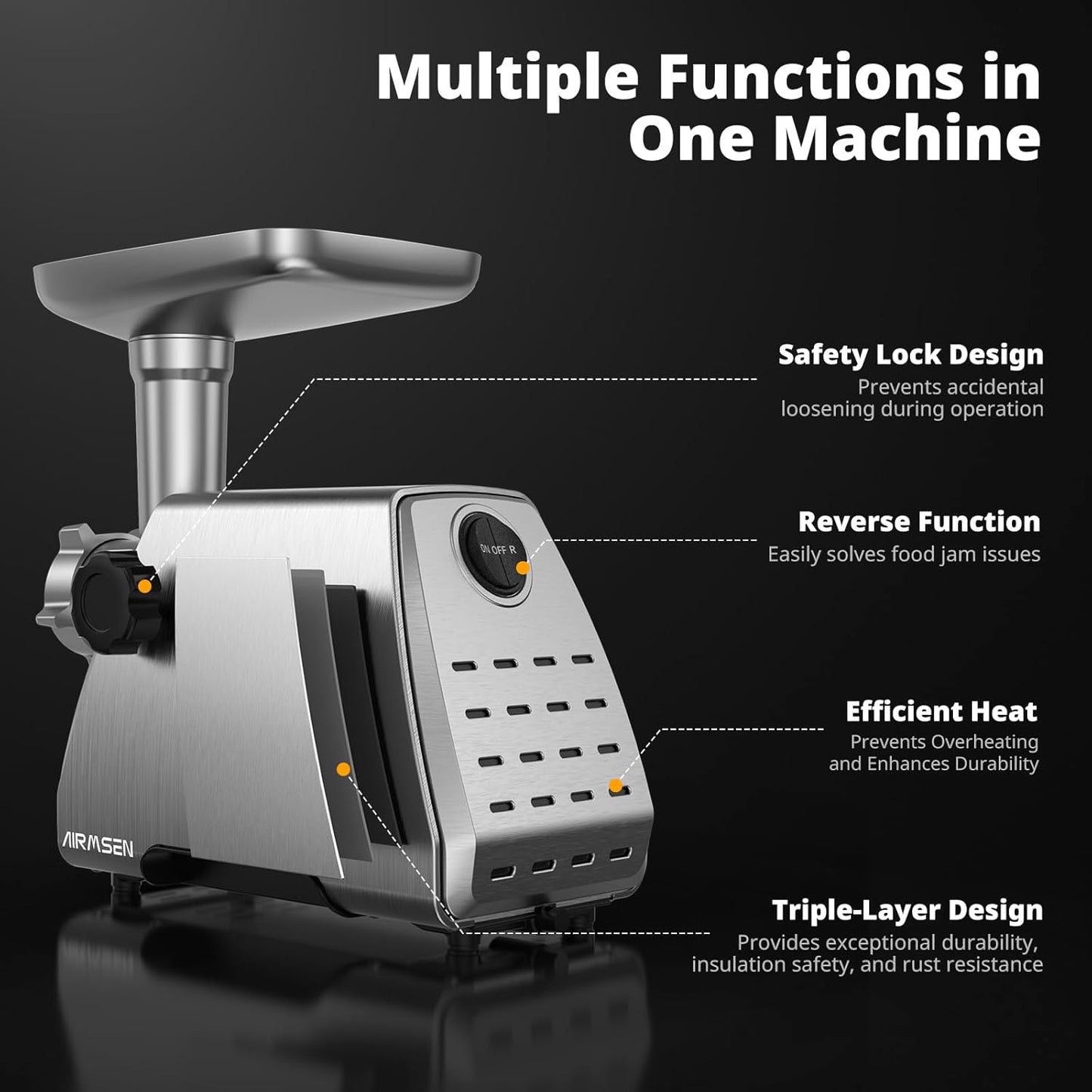AIRMSEN Electric Meat Grinder & Tomato Sauce Press - Heavy Duty Food Mill for Grinding Meat & Making Sauces