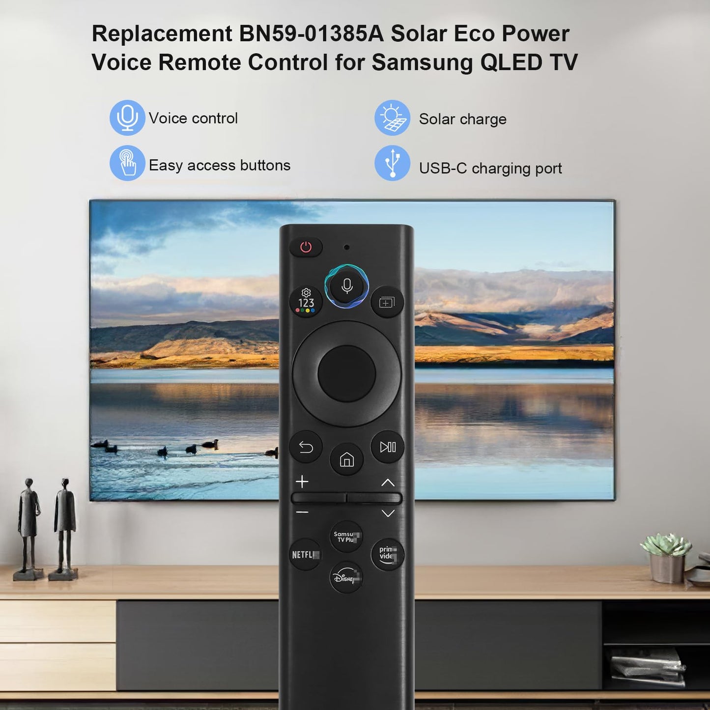 BN59-01385A Solar Voice Remote for Samsung TV Remotes Replacement with Bluetooth Rechargeable Solar Cell Fit for Samsung Remote Control for Smart TVs Frame Neo LED Ultra HD Series