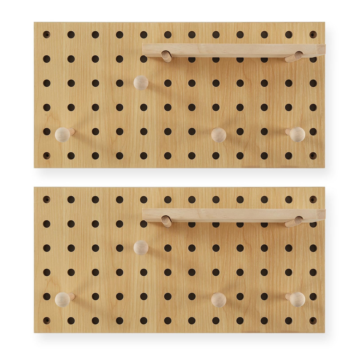 UMICAL 2 Pack Beige Wooden Pegboard, Modular Wall Organizer Storage Shelf with Hooks, Multi‑Use Display Peg Board for Home Office Bathroom Laundry Room