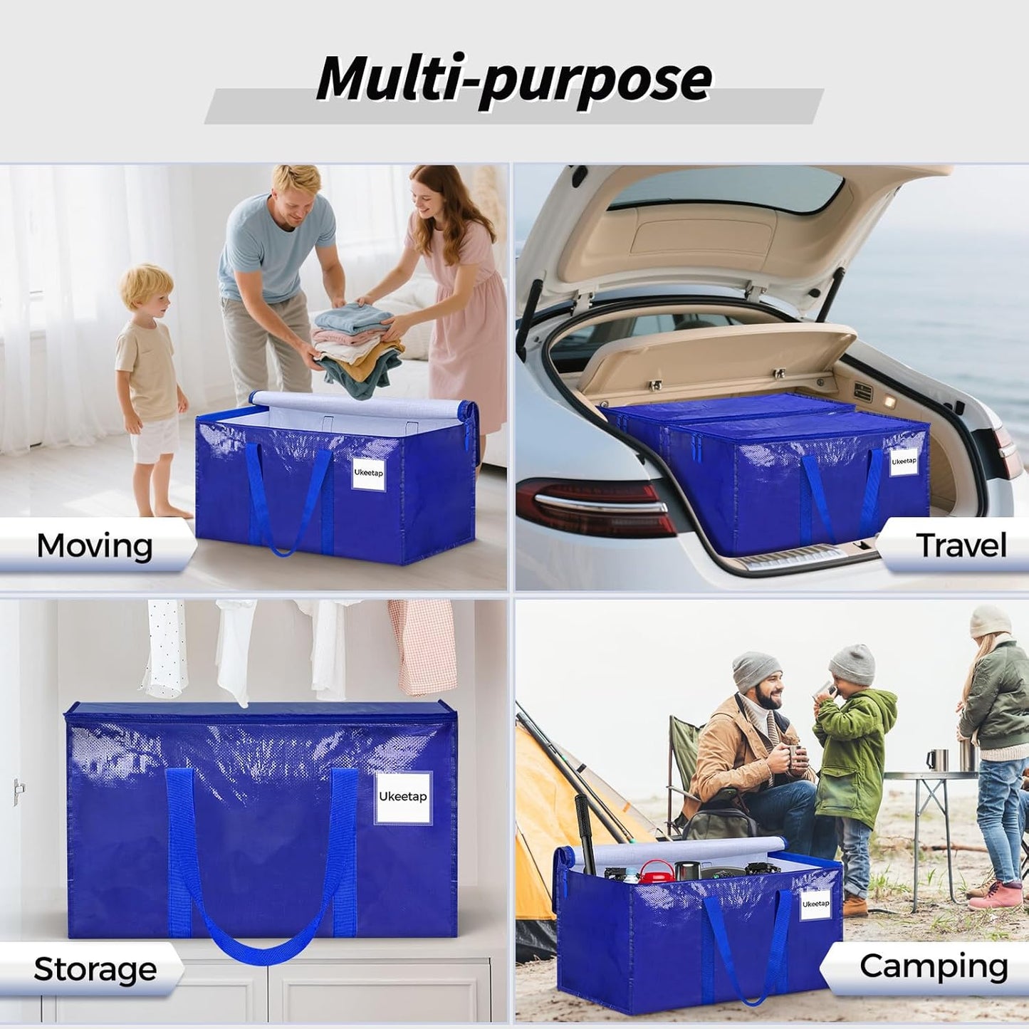 Skiennix Extra Large Heavy-Duty Moving Bags - 8 Pack with Reinforced Handles & Zippers | Blue Storage Totes for Clothes & Dorm Supplies