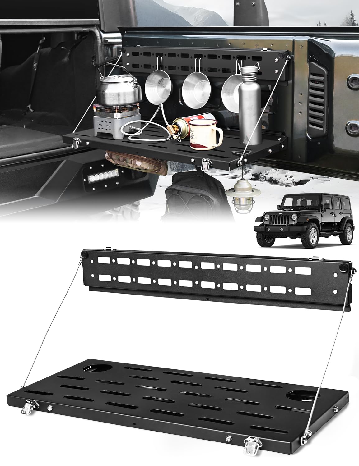 JROAD No-Drill Tailgate Table for Jeep Wrangler JK 2007-2018,Foldable Jeep JK Tailgate Storage Cargo Rack with MOLLE Panel,Heavy Duty 88 lbs Capacity,Not Fit Trunk with Factory Subwoofer