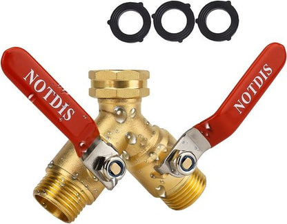 Brass Garden Hose Splitter by [Brand Name] - Heavy Duty 2-Way Connector with Stainless Steel Handle | 3/4 Inch GHT Thread