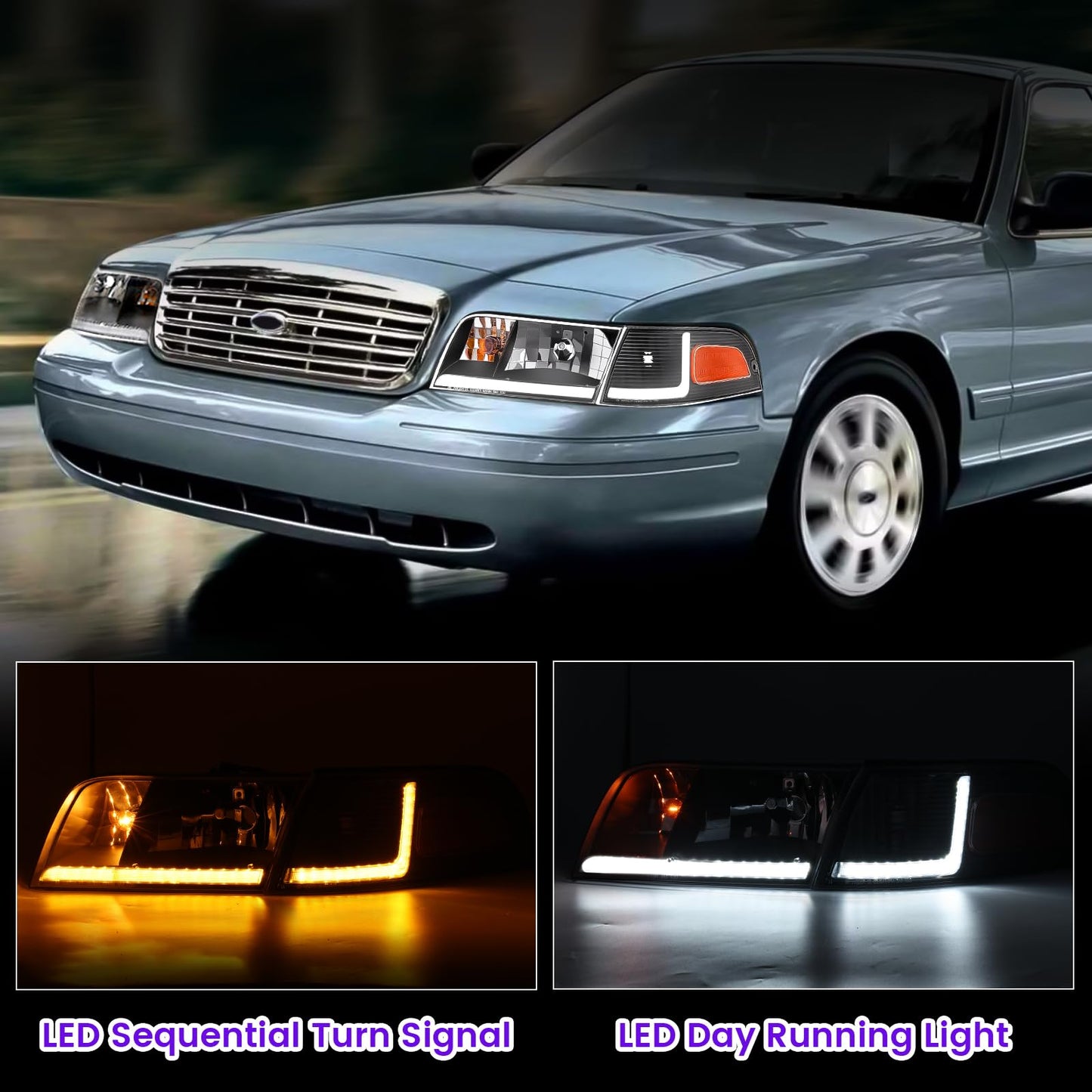 XGWZ Headlight Assembly LED DRL Compatible with 1998-2011 Ford Crown Victoria 98-11 Ford Crown Victoria w/Corner Headlamp (Black Housing Amber Reflector, B)