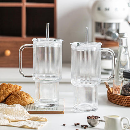 INSETLAN 24oz Ribbed Glass Tumbler with Handle & Lid – 2-Pack Large Iced Coffee Cups with Straws, Modern Glass Mug for Cold & Hot Beverages, Aesthetic Travel Cup for Smoothies, Tea, and Juice